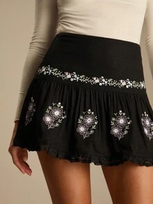 Enchnt 女士优雅通勤花卉刺绣半身裙 - 黑色 - 查看 6