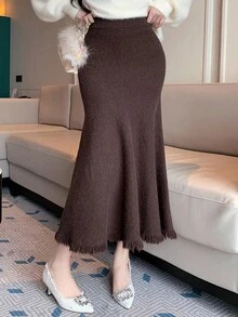 DAZY 女士优雅纯色鱼尾流苏毛衣裙，秋冬女装半身裙 - 咖啡棕 - 查看 6