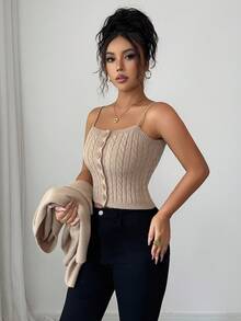 Elenzga 2pcs/Set Knitted Vest + Loose Solid Color Cardigan Sweater For Women - Khaki - View 6