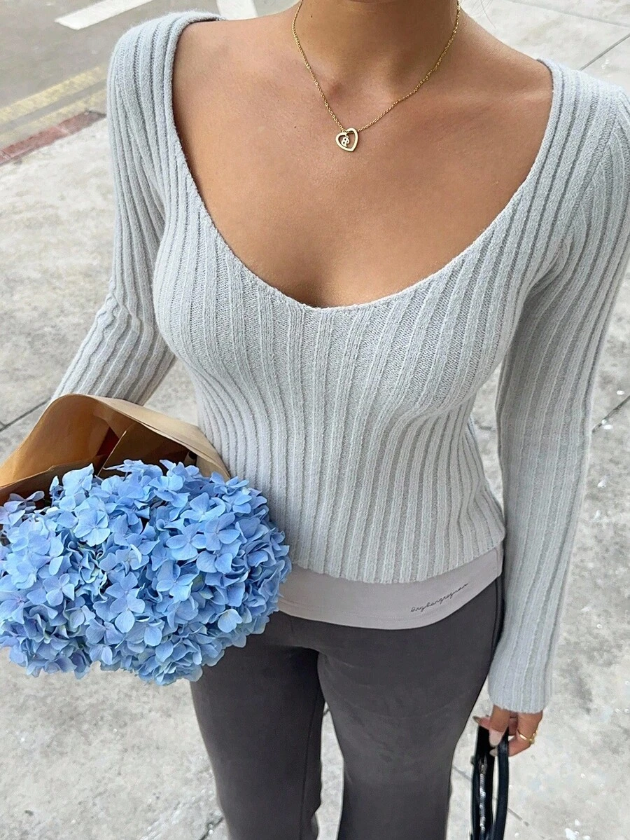 SHEIN Unity 女式性感深V领罗纹修身长袖毛衣，秋季 - 灰色 - 查看 1