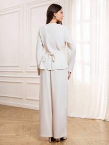 Miaspire Women's Elegant 2 Pieces Set, Includes Cinched Waist Cardigan Top And Straight Leg Pants, Apricot Color Fabric, Professional Commuter Outfit, Autumn/Winter,Women's Winter Set White Suits For Woman Two Piece Set Women Elegant S For Wedding Formal Two Piece Set,Chic Women's Set, Fall Clothes For Women,White Set New Year