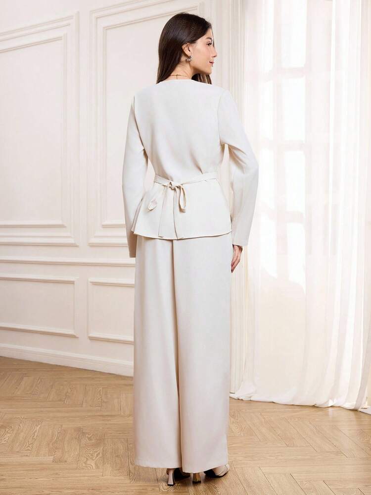 Conjunto Elegante Feminino de 2 Peças, Inclui Cardigan com Cintura Marcada e Calça Reta, Tecido na Cor Damasco, Conjunto Profissional para Ir ao Trabalho, Outono/Inverno
