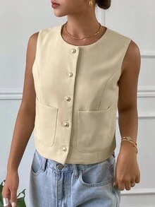 Livesso Women Solid Color Round Neck Sleeveless Fitted Jacket,Fall Clothes - Beige - View 3