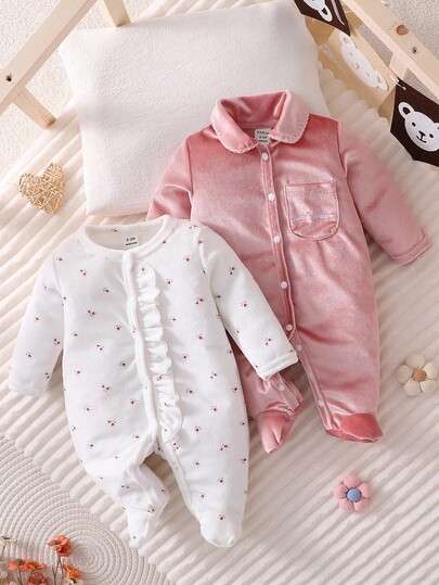 2 pezzi Set di tutine a maniche lunghe rosa e bianche minimaliste e carine per neonati, pigiami per bambini