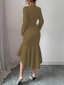 Elenzga New Women's Holiday Mid-Length Dress, Blazer Collar Long Sleeve Asymmetric Fishtail Hem Waist-Cinched Dress, Versatile For Daily Wear, Dates, Parties, Outings Fall Cloth For Women - Khaki - View 2