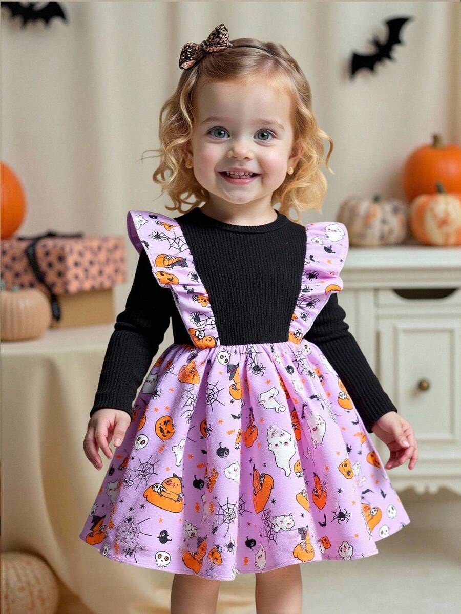SHEIN Baby Girl Cute Halloween Pattern Long Sleeve Dress, Suitable For Autumn/Winter, Daily Wear Fall - Multicolor - View 1