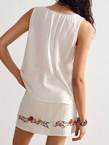 Bohemela Bộ 2 món áo hai dây dệt rộng rãi màu trơn và chân váy mini cho nữ - Màu be - Xem 6