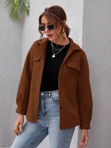SHEIN Essnce 女式纯色落肩长袖单排扣休闲大衣，秋冬 - 棕色 - 查看 2