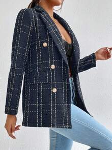 EMERY ROSE Fashionable Commuter Plaid Double-Breasted Wool Blazer - Navy Blue - View 6