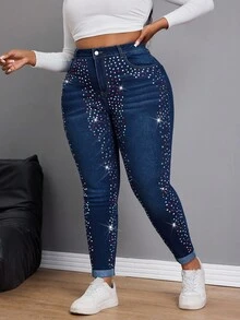Slaydiva Quần jean bó sát đính đá thời trang cỡ lớn Quần jean lấp lánh Quần jean Diamante Quần jean cạp cao Quần jean đính đá Quần jean pha lê Quần jean denim và kim cương dành cho nữ Quần jean cạp cao đính đá lấp lánh - Rửa tối - Xem 5