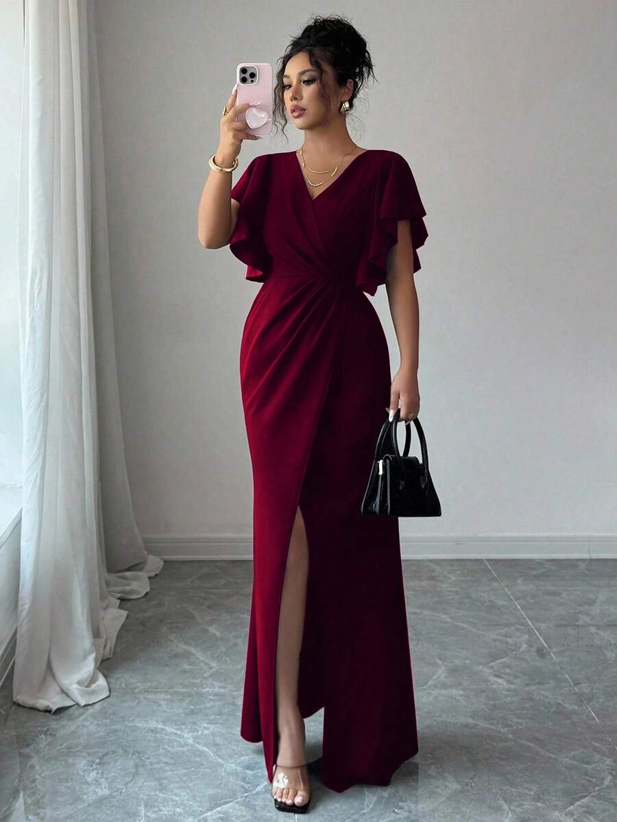 Elenzga Ruffled Sleeve V-Neck Waist Fitted Mermaid Hem Elegant Romantic Women Dress