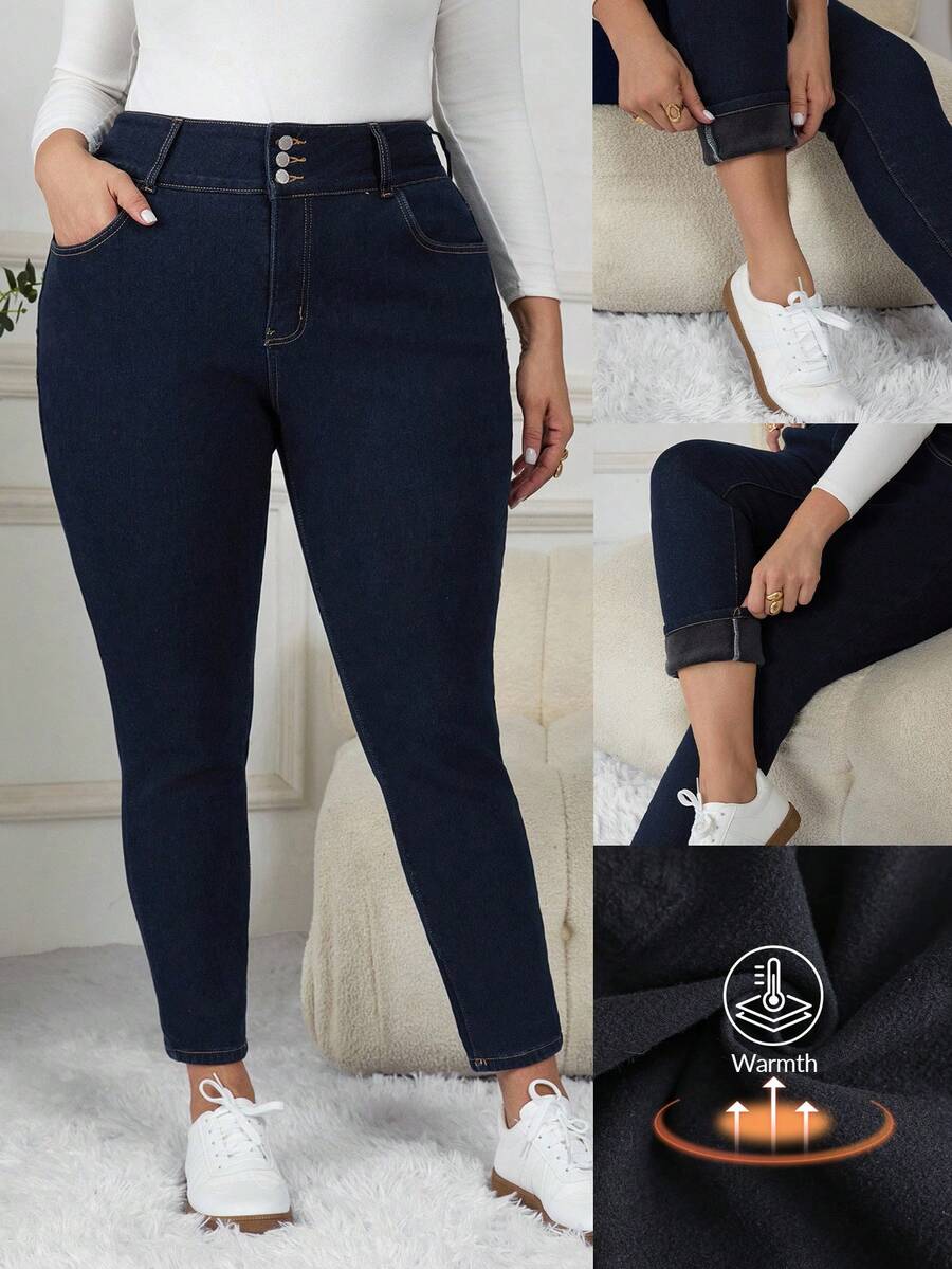 SHEIN CURVE+ 大码休闲水洗保暖内衬紧身牛仔裤 - 藍色 - 查看 1