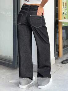 EURMUSE Woman Mid Waist Contrast Loose Straight Denim Jean Baggy Jeans Y2k Wide Leg Jeans Loose Jeans Oversized Jeans Jeans With Contrast Stitching - Dark Wash - View 4