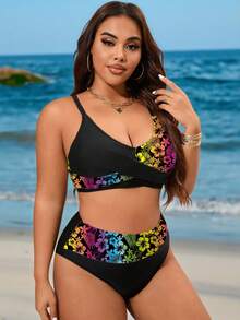 SHEIN Swim Curve 加大码 2 件套纯色可调节肩带设计搭配高腰拼接泳装，优雅女士海滩度假泳装 - 黑色 - 查看 4