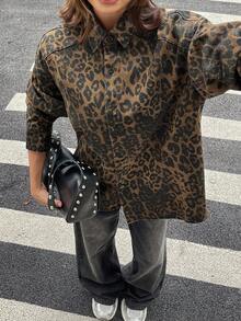 Livesso 女士宽松棕色豹纹牛仔衬衫，初秋长袖女装 - 咖啡棕 - 查看 1