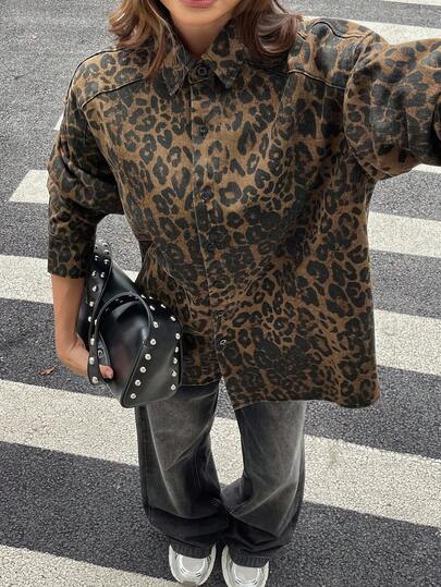 Livesso 女士宽松棕色豹纹牛仔衬衫，初秋长袖女装