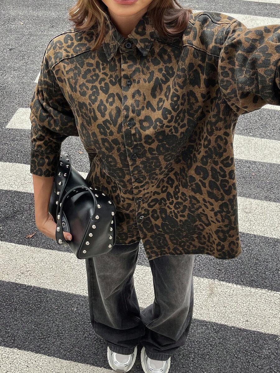 Livesso 女士宽松棕色豹纹牛仔衬衫，初秋长袖女装 - 咖啡棕 - 查看 1