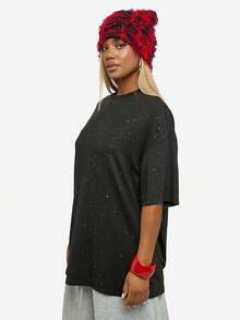 SUMWON WOMEN Oversized Sparkly T-Shirt For Women Long Sleeve Glitter Top Casual Streetwear Drop Shoulder Tee - Black - View 8