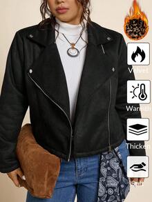 Freevana 加大码休闲纯色翻领夹克，秋季双层羊毛保暖秋冬冬季棉服外套冬季外套，时尚日常穿着，办公室穿着，复古款，日常休闲假日黑色加大码夹克女式夹克超大夹克加大码外套绒面革夹克 - 黑色 - 查看 3