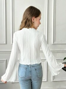 SHEIN Tween 女童休闲优雅纯色纹理针织荷叶边领喇叭袖 T 恤上衣，适合返校和日常穿着 - 白色 - 查看 6