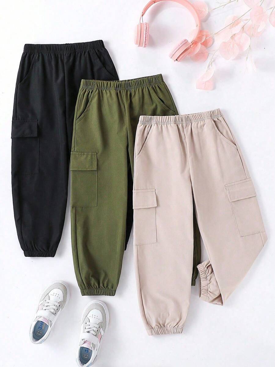 SHEIN Explorewe 年轻女孩纯色弹性腰部工装口袋锥形腿休闲裤 - 彩色 - 查看 1