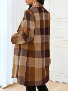 SHEIN Lady 女士经典格子驼色大衣，翻领，纽扣开合，装饰点缀，适合秋冬春三季，优雅温暖的冬装女士冬季夹克秋装秋装 - 彩色 - 查看 2