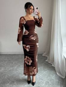 Modelyn 女士花卉印花优雅方领系腰中长连衣裙女式长款晚礼服 - 棕色 - 查看 1