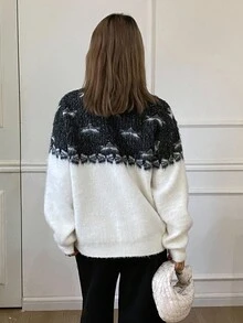 Livesso Áo len nữ dáng rộng, thanh lịch, thích hợp mặc đi làm, họa tiết ngôi sao lấp lánh, phối màu, phù hợp cho mùa thu đông và lễ hội. - Đen và trắng - Xem 5
