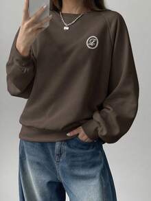 DAZY Loose Fit Round Neck Embroidered Design Long Sleeve Sweatshirt For Women,Fall Women Clothes - Coffee Brown - View 5