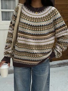 Muchica 女士休闲费尔岛毛衣，插肩袖圆领针织套头衫，舒适保暖秋季上衣，秋冬女式毛衣，圣诞节女装，新年装 - 彩色 - 查看 7