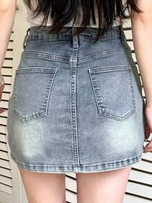 DAZY 女式牛仔连身裙，带盖前袋，休闲，短裙 - 藍色 - 查看 5