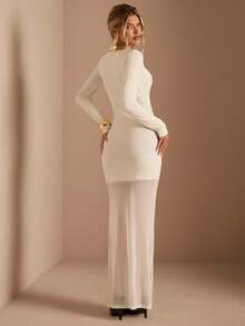 SHEIN BAE Women's Solid Apricot Round Neck Long Sleeve Waist Ruched A-Line Dress, Suitable For Cocktail Parties, Romantic Dates, Autumn/Winter Layering, Gatherings, Formal Events, Night Outings,Wedding Guest Dress For Women, Daily Elegant Outings, Party Dress, Wedding Guest Dress, Christmas Party Dress, Christmas Outfit, Holiday Dress