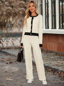 EMERY ROSE 女士休闲纽扣长袖上衣和裤子针织两件套秋冬女装