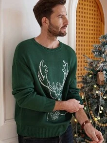 Manfinity Homme Áo len cổ tròn họa tiết tuần lộc cho nam, dáng rộng, thường ngày, áo len Giáng sinh cho nam, áo len tuần lộc, áo len Giáng sinh màu xanh lá cây, mùa thu/đông - Màu xanh lá cây đậm - Xem 6