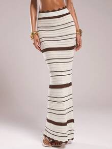 SHEIN BAE Women's High Waist Striped Fitted Knit Skirt In Fall/Winter - Coffee Brown - View 4