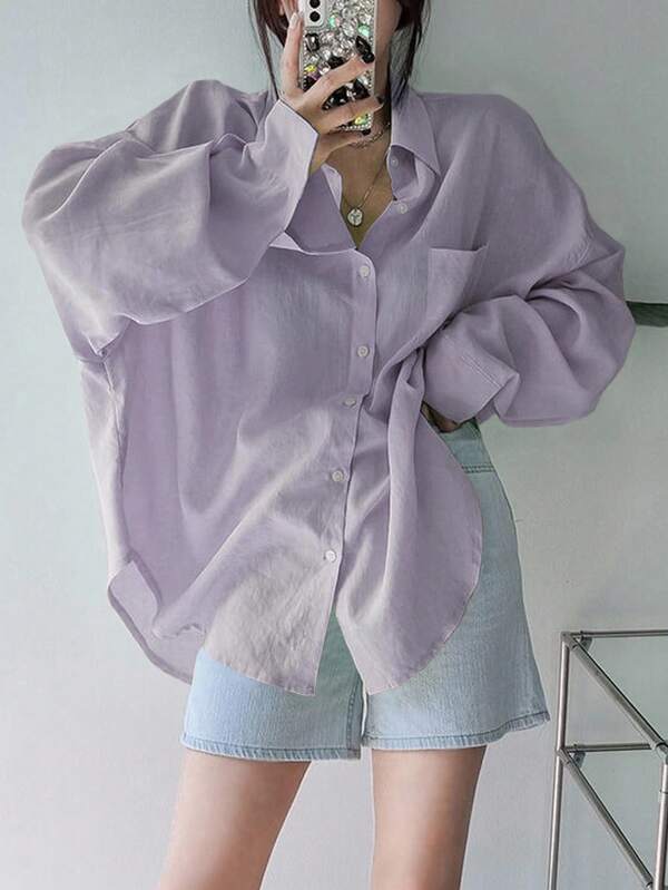 DAZY 女式纯色超大翻领衬衫，秋季服装长袖上衣