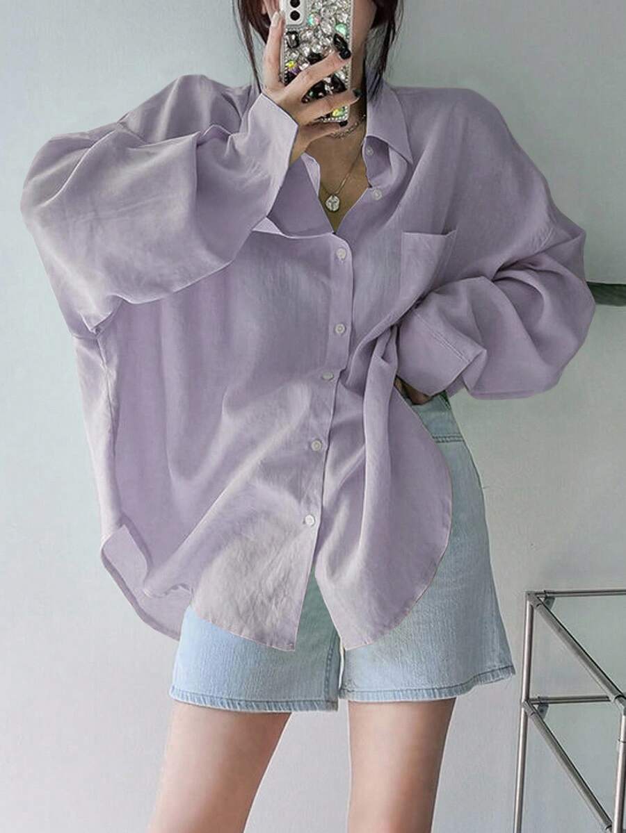 DAZY Áo sơ mi nữ cổ bẻ rộng màu trơn, quần áo mùa thu, áo dài tay - Màu tím  Violet - Xem 1