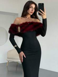 Aloruh 女士时尚优雅毛茸茸饰边抹胸连衣裙 - 黑色 - 查看 6