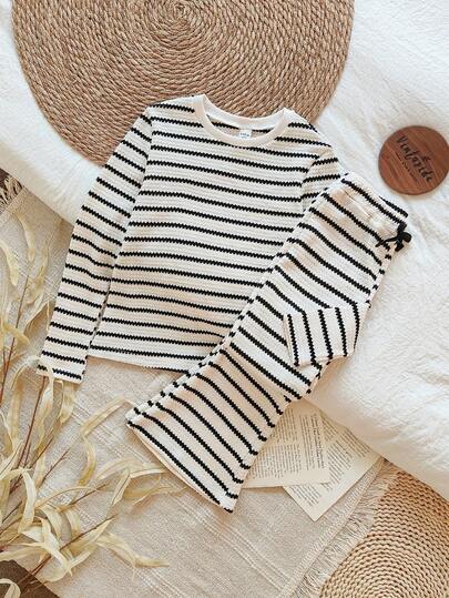 Vintaside Kids 青少年女孩休闲条纹T恤和裤子套装，秋季