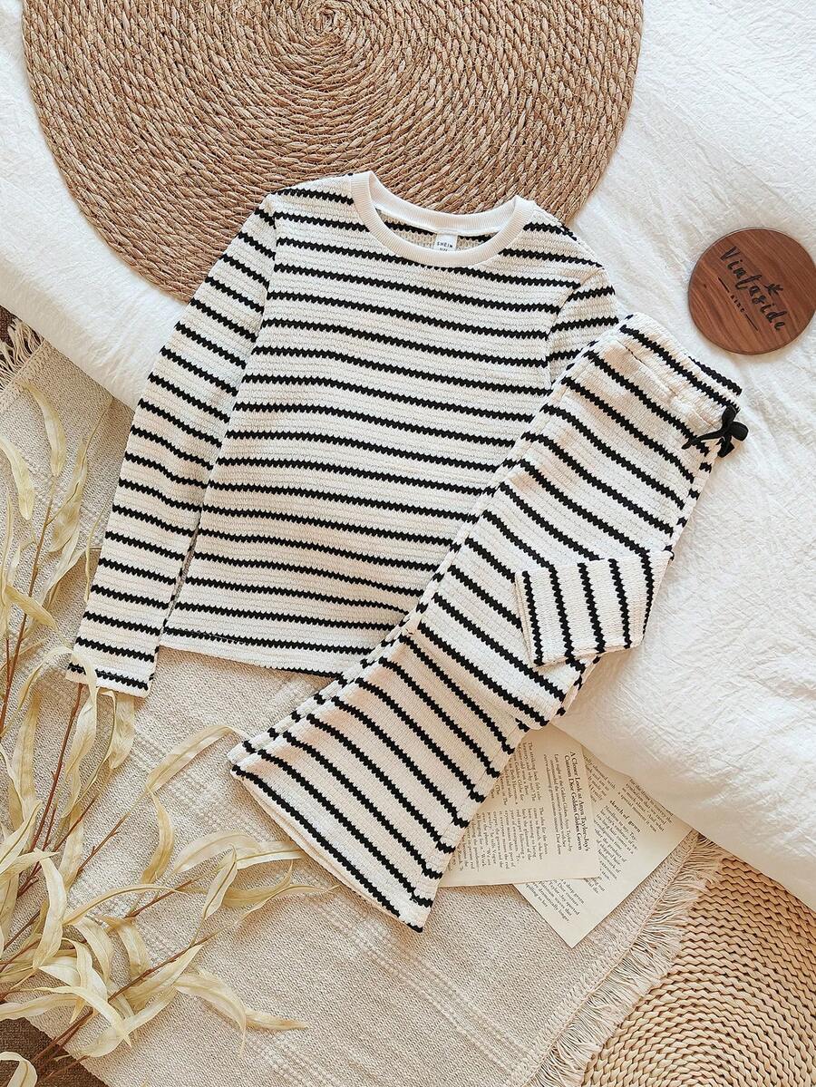 Vintaside Kids 青少年女孩休闲条纹T恤和裤子套装，秋季 - 黑與白 - 查看 1