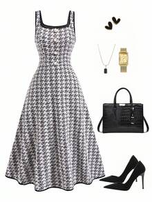 SHEIN Clasi 女士千鸟格纽扣设计方领无袖中长连衣裙，优雅 - 黑與白 - 查看 6