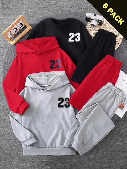 6pcs Boys Casual Sports School Outfit Set, Includes Hooded Sweatshirt And Sweatpants In Gray, Black, Red, Affordable & Versatile Number 23 Outfit Boys Boys Casual Set Boys 2 Piece Sweatsuit Set Boys Hoodie And Jogger Set Fall Winter