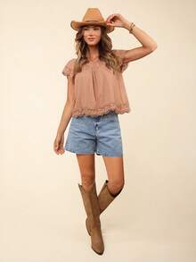 SHEIN VCAY Top de manga mariposa de cuello cuadrado - Naranja Coral - Ver 4