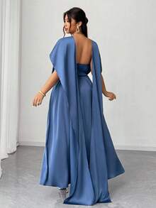 Elenzga 大码女式 A 字形 V 领露背及地缎面伴娘礼服，百搭百搭 - 霧霾藍 - 查看 2
