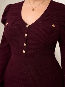 Chikora Plus Size Women Burgundy V-Neck Puff Sleeve Fitted Knit Midi Dress,Autumn Curve Elegant Cocktail Bodycon Ribbed Long Sleeve Work Office Wear Outfits - Burgundy - View 9
