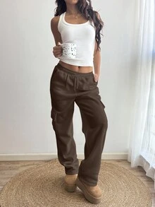 Sunnyshic Quần nỉ trơn màu thường ngày thu đông dành cho nữ - màu nâu - Xem 3