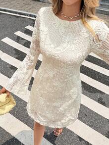 SHEIN Frenchy Women Floral Pattern Solid Color Round Neck Long Sleeve Mini Dress,Trumpet Sleeve Dress,Contrasting Embroidered Dress,Lace Embroidered Dress,3D Floral Embroidered Dress,Fall Outfits For Women,Autumn Clothes For Women, Fall / Winter ,Party Dress,Dress For Wedding Guest,Elegant Dress For Women,New Year Outfit,French-Inspired Styling,Retro, Elegant, Commuter, Office, Minimalist, Perfect For Everyday Wear