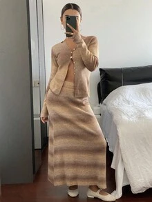 Livesso Women's Ombre V-Neck Cardigan And Skirt 2 Pieces Knit Set, Autumn