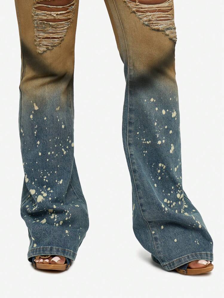 SUMWON Cotton Vintage Acid Wash Distressed Flare Jeans With Bleach Splatter And Ripped Details For Festival And Retro Style