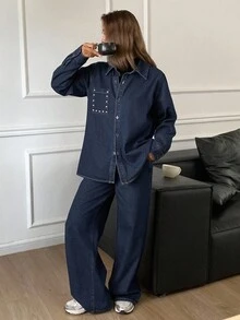 Livesso 2pcs Women Casual Loose Distressed Denim Shirt And Pants Set, Autumn/Winter - Blue - View 6